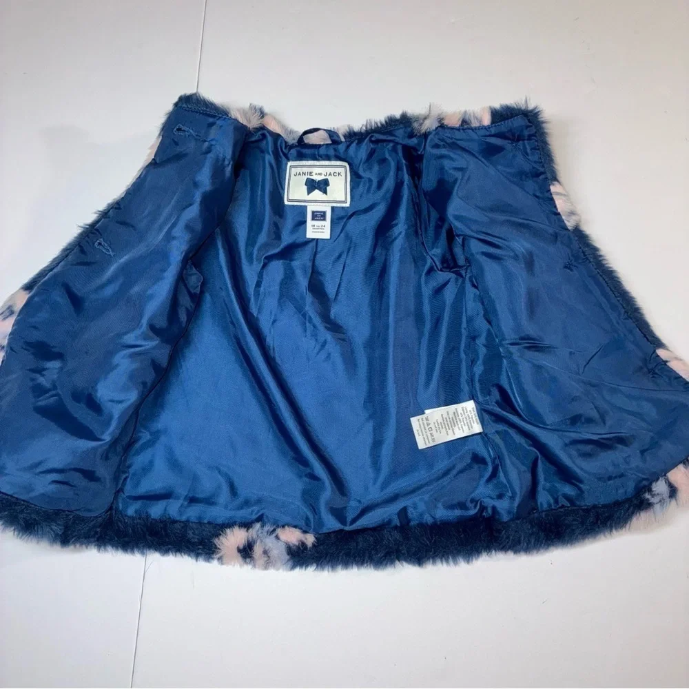 Janie and Jack Faux Fur Floral Coat Jacket Size 18-24 mos Toddler Blue Pink